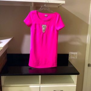 Bright pink loose dress, backless